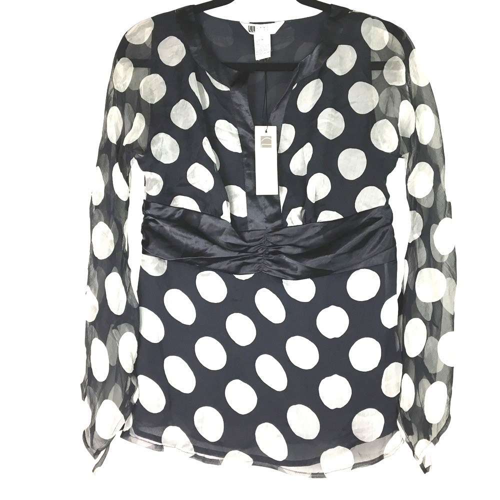Carole‎ Little Silk Polka Dot Empire Waist Blouse Size M Black White